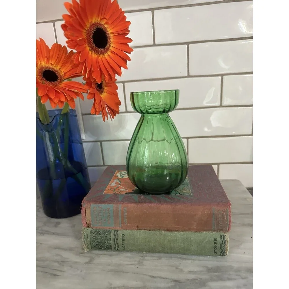 Beautiful Vintage Emerald Green Optic Glass Hyacinth FORCING VASE 6